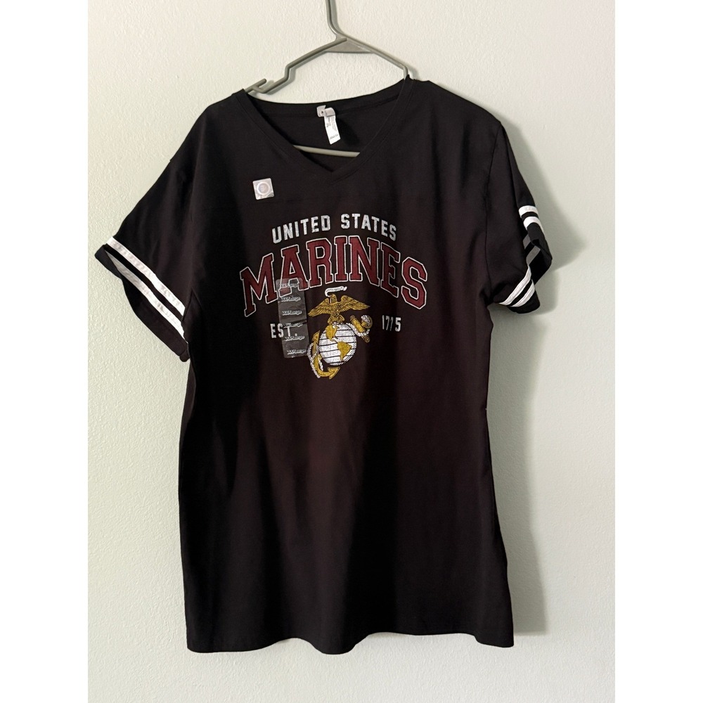 US Marines Black T-Shirt XX-Large V-Neck Graphic Striped Sleeve, NEW WITH TAGS